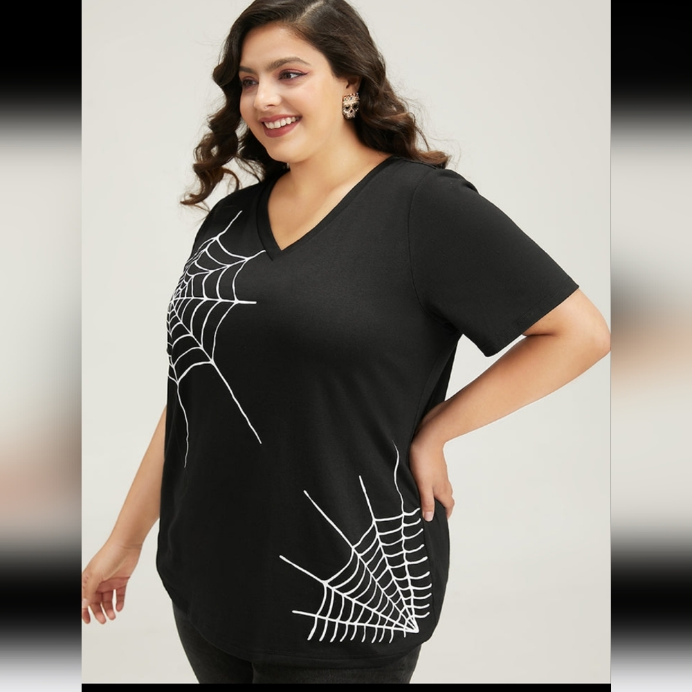 NWT 4X 28W Spider Print V Neck Black Tee K-1130 - Picture 2 of 12